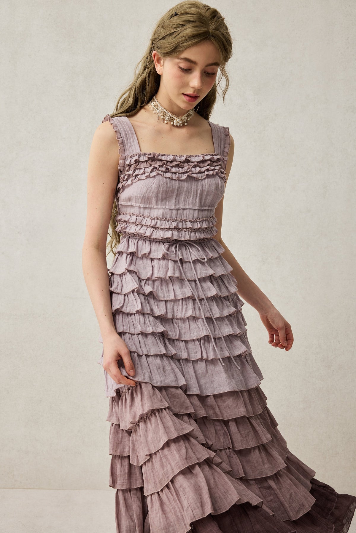 Women's sleeveless tiered ruffle maxi dress with square neckline and graduated pink and purple colouring