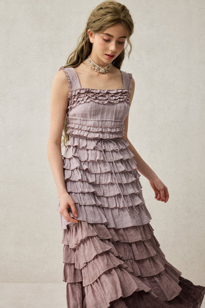 Women's sleeveless tiered ruffle maxi dress with square neckline and graduated pink and purple colouring