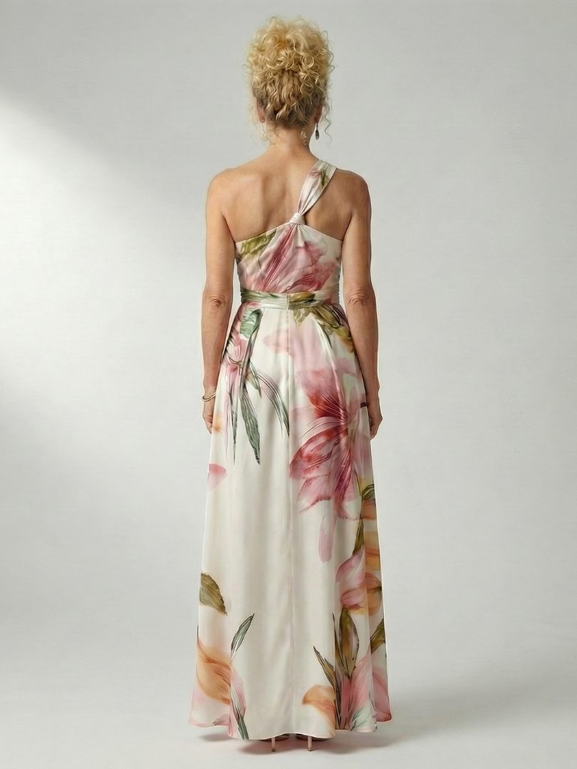 Women's floral halter maxi dress with a flowing full-length skirt