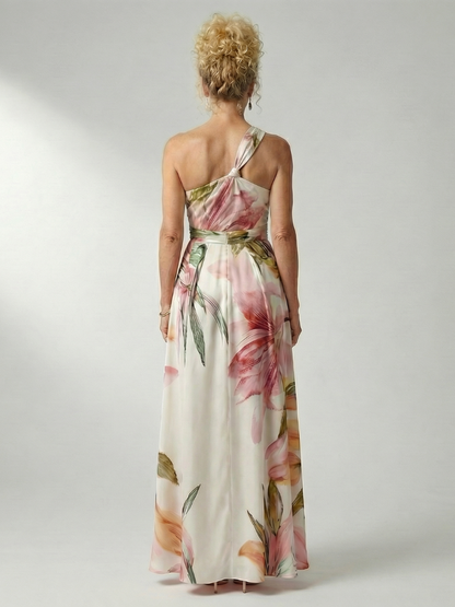 Women's floral halter maxi dress with a flowing full-length skirt