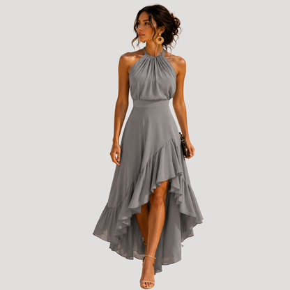 Women's sleeveless halter maxi dress with layered high-low ruffle skirt