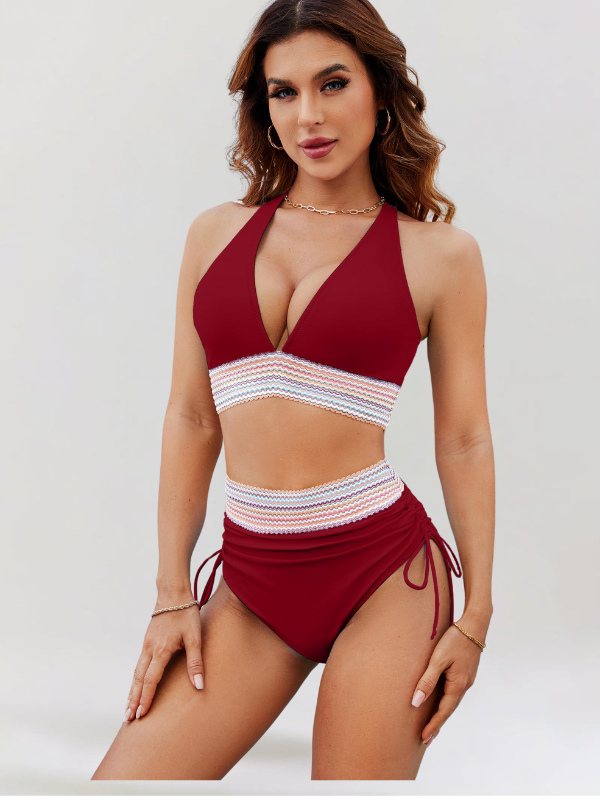 Women's high-waisted bikini set with striped trim and side ties