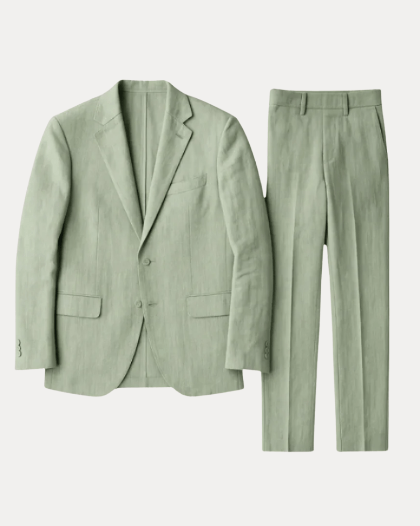 Men's tailored two-piece suit with notch lapel, long sleeves and matching trousers