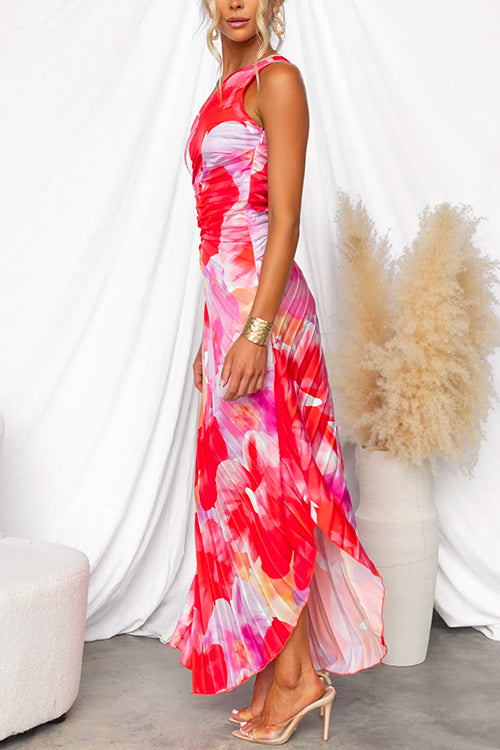Women's red and pink floral asymmetric sleeveless maxi dress with pleated skirt