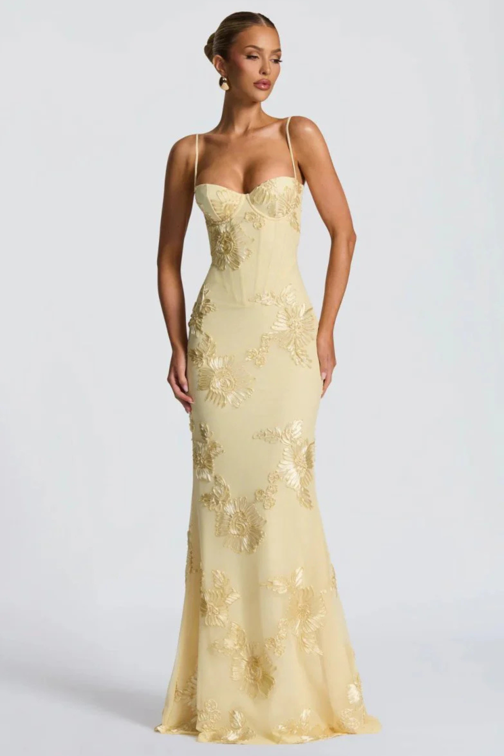 Vestido largo con corsé y bordado de flores de mujer con tirantes finos
