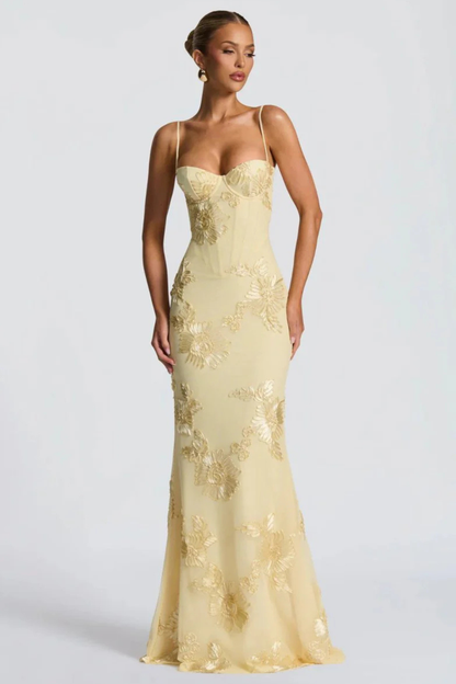 Vestido largo con corsé y bordado de flores de mujer con tirantes finos