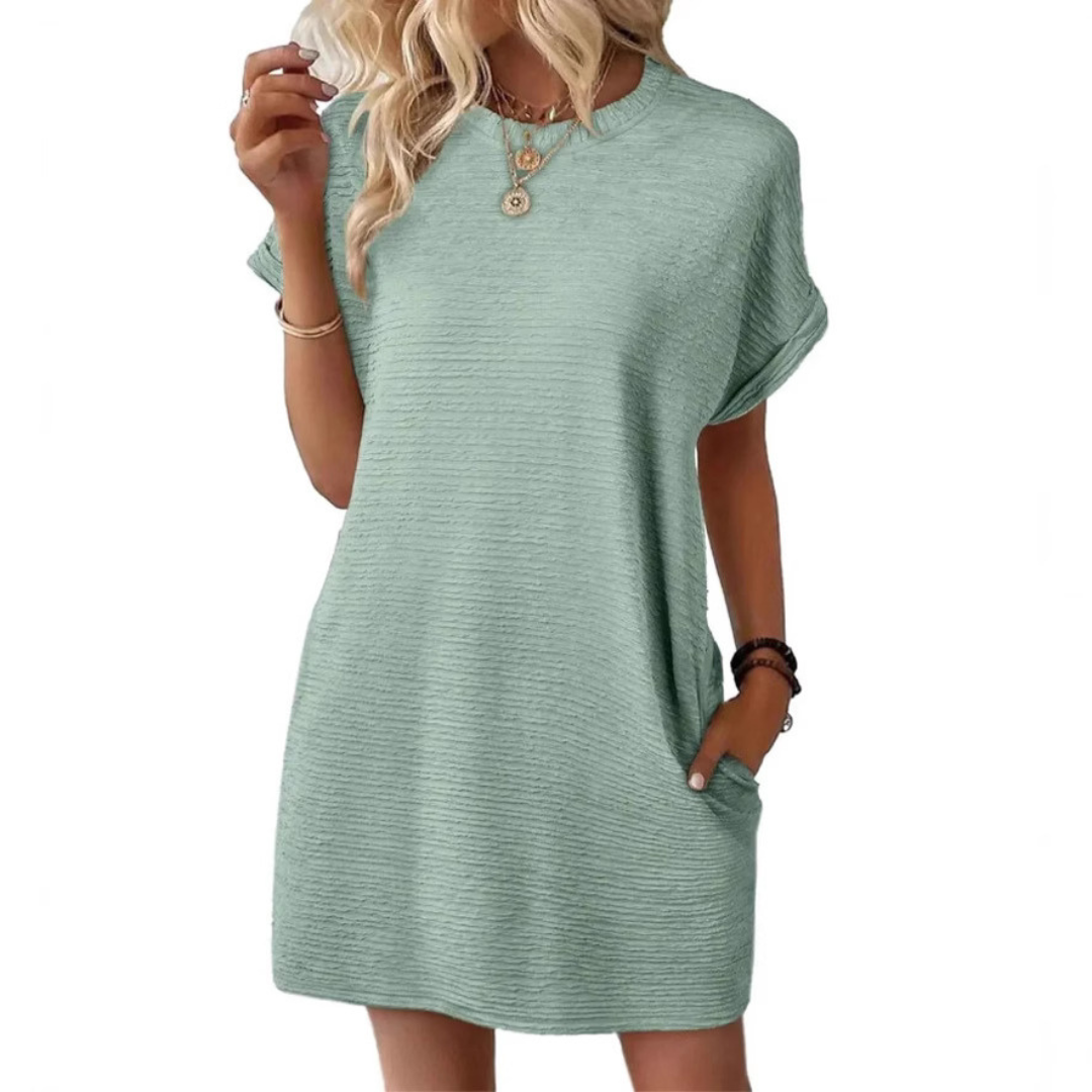 Women's textured crew-neck mini dress with short sleeves and side pockets