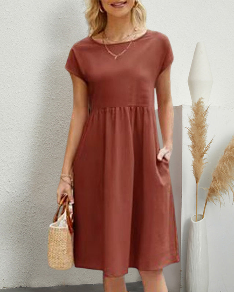 Women's round neck midi dress with short sleeves and gathered skirt