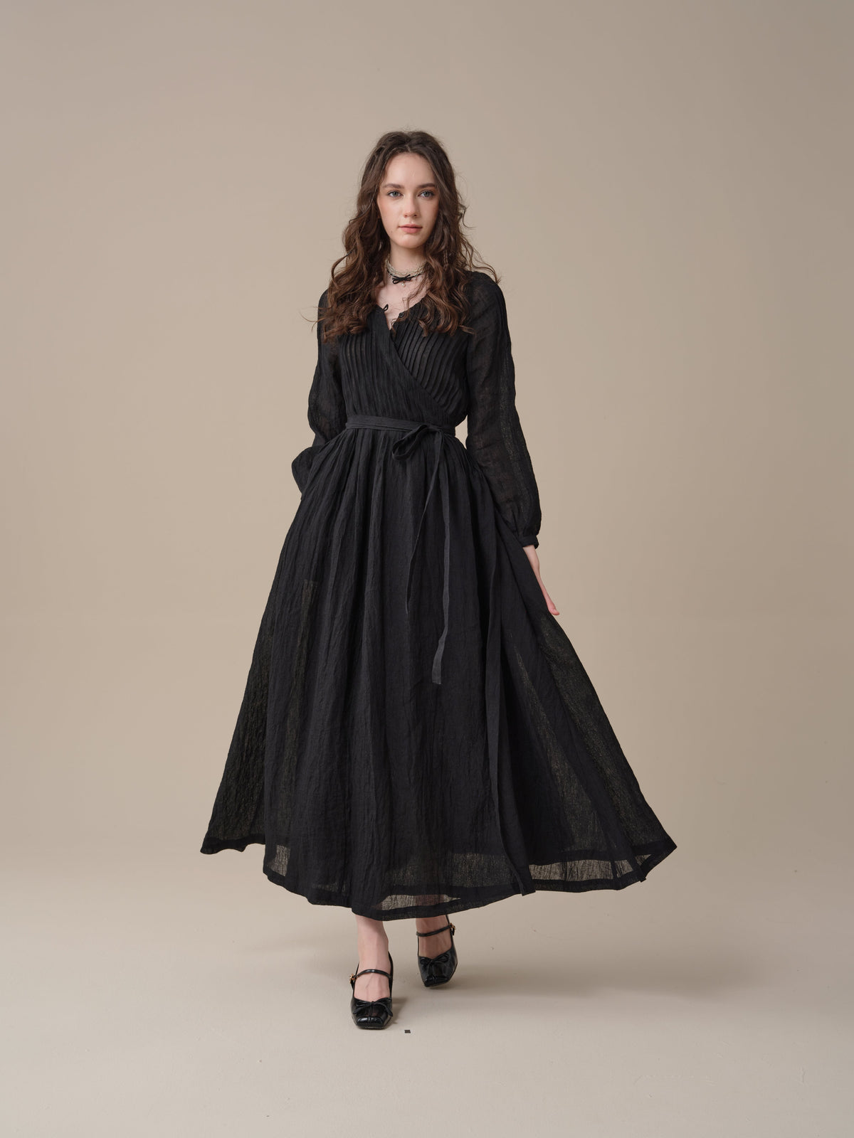 Women's pintuck wrap midi dress with long sleeves and tie waist