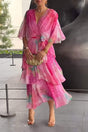 Women's abstract wrap maxi dress with V-neckline, short sleeves and layered ankle-length hem