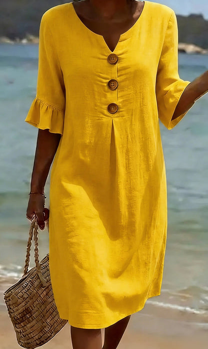 Women's relaxed knee-length button-front dress with split neckline and elbow-length sleeves