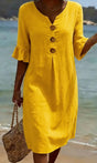 Women's relaxed knee-length button-front dress with split neckline and elbow-length sleeves