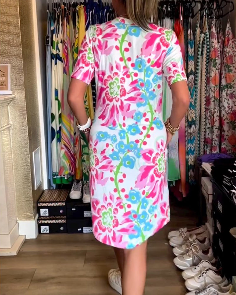 Women's multicoloured floral V-neck mini dress with short sleeves