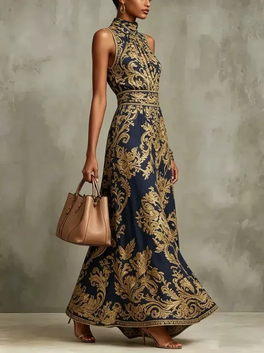Women's sleeveless halter maxi dress with ornate baroque print and flowing skirt