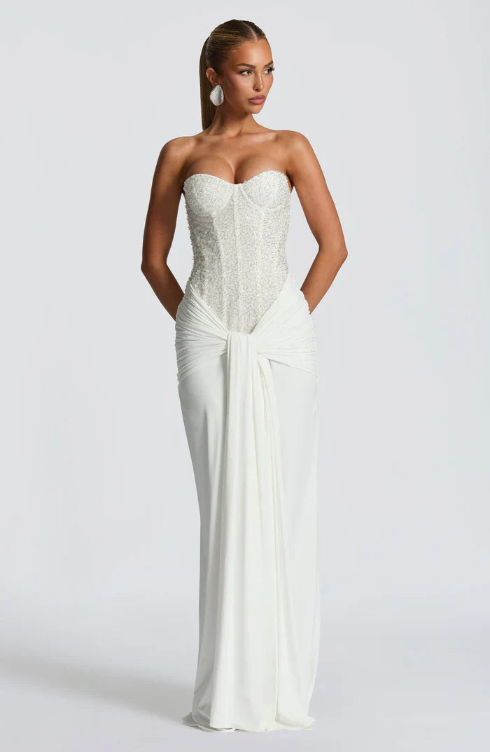 Women's strapless sequined maxi dress with sweetheart neckline and draped floor-length skirt
