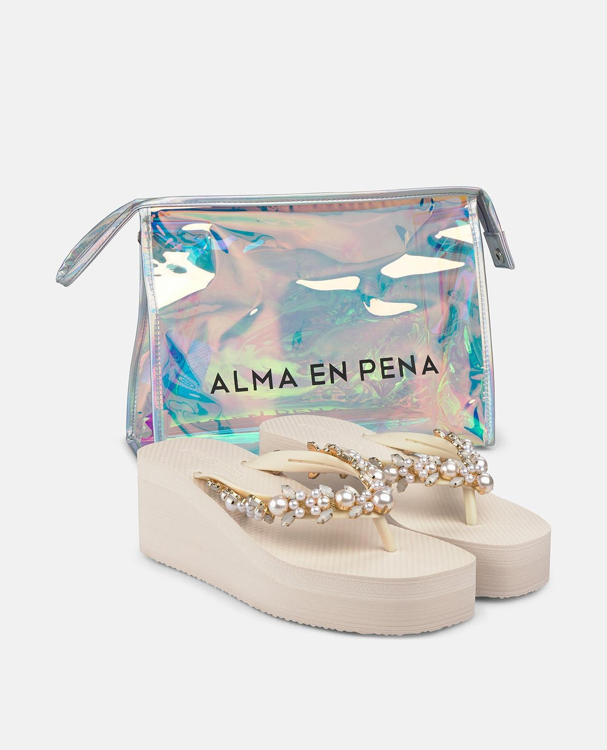 Beige platform flip-flop sandals with pearl embellishment