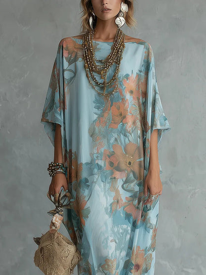 Women's blue floral kaftan maxi dress with wide 3/4 sleeves