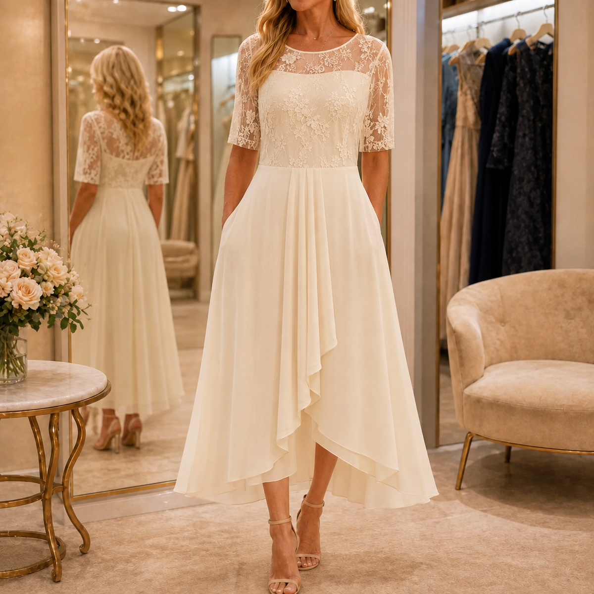 Women's floral lace bodice midi dress with three quarter sleeves and pleated ruffle skirt
