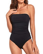 Black ruched women's one-piece swimsuit shown strapless and with spaghetti straps