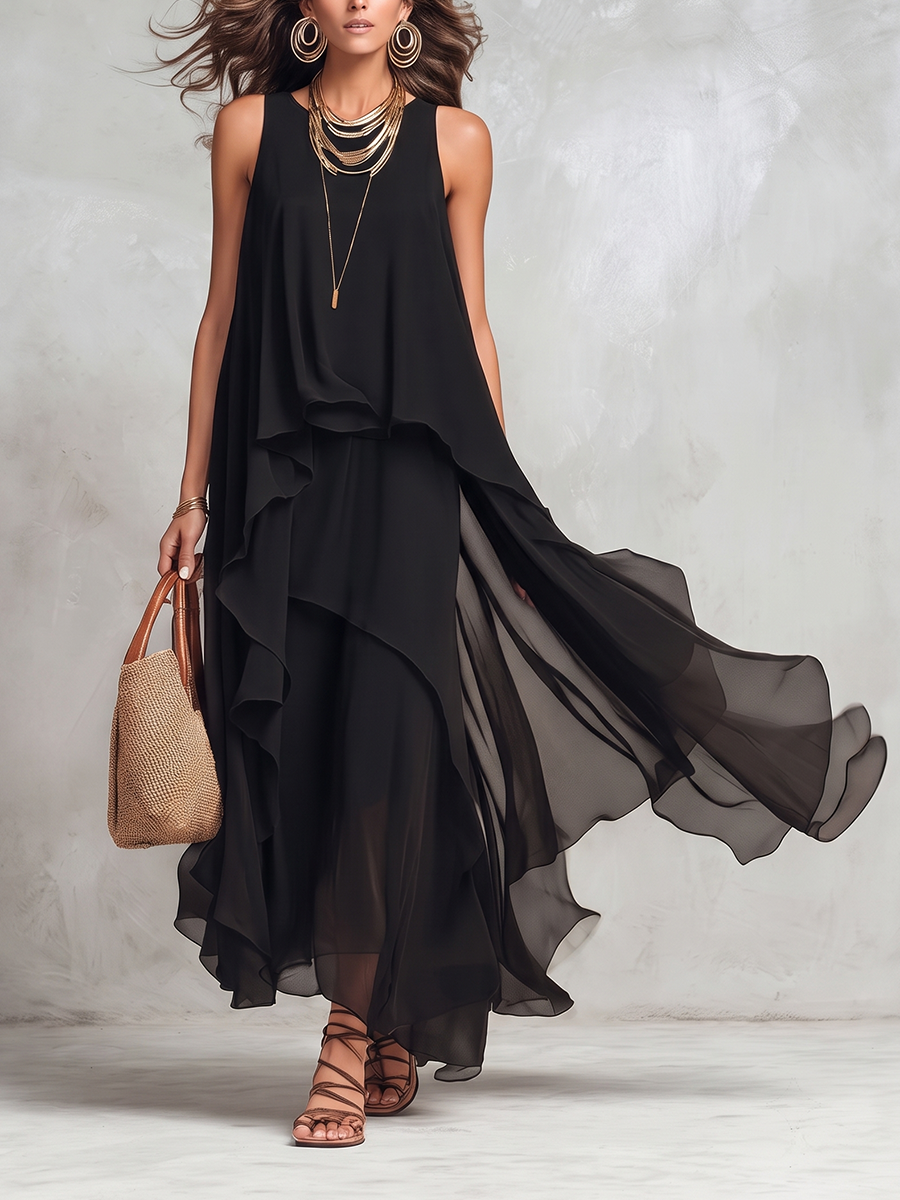 Women's black sleeveless layered maxi dress with round neck and flowing ruffle layers