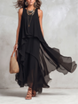 Women's black sleeveless layered maxi dress with round neck and flowing ruffle layers
