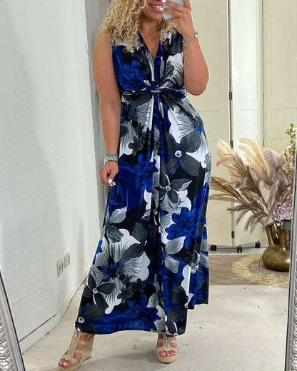 Women's sleeveless floral pleated maxi dress with V-neck and gathered front