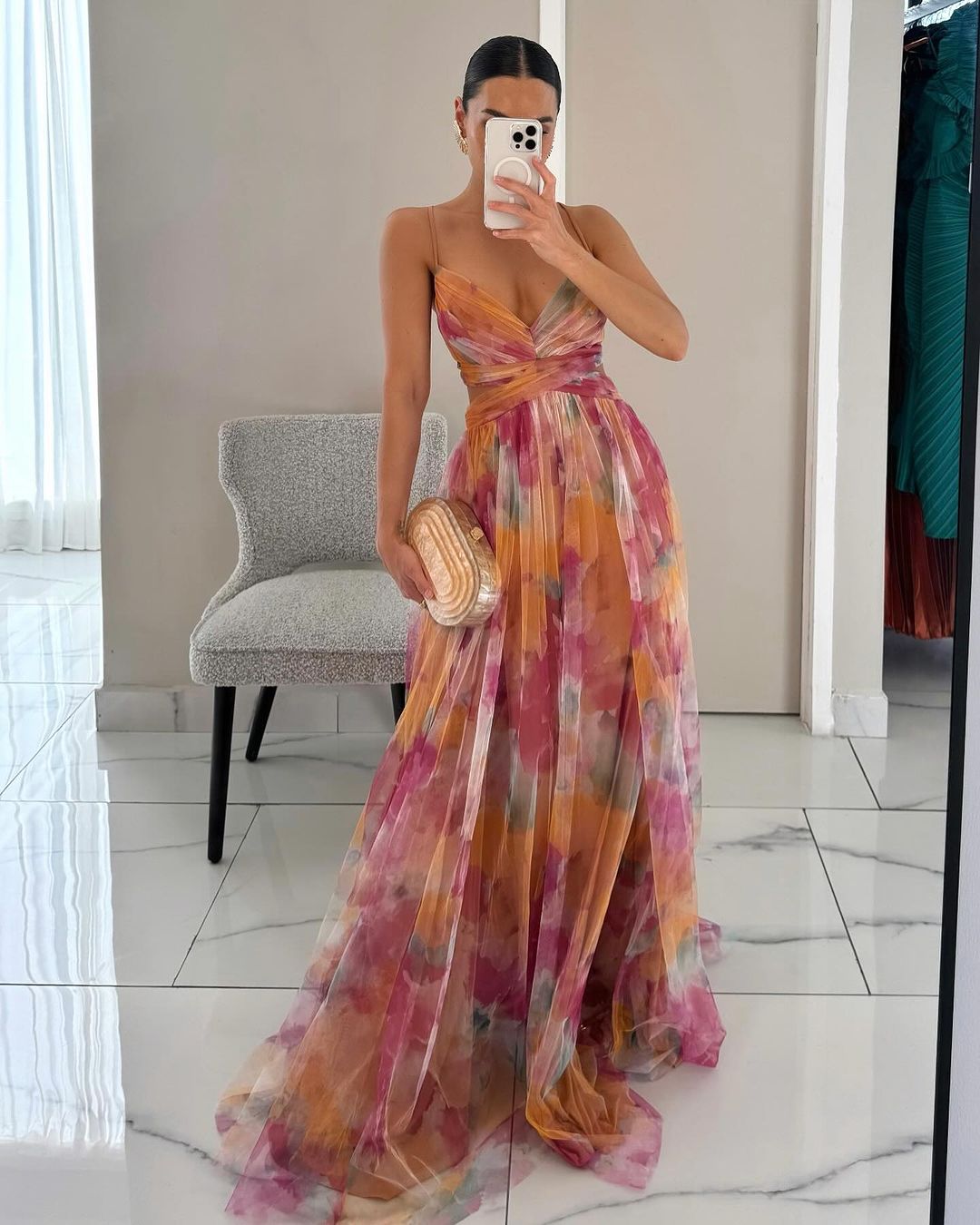 Women's multicoloured floral wrap maxi dress with V-neckline and spaghetti straps