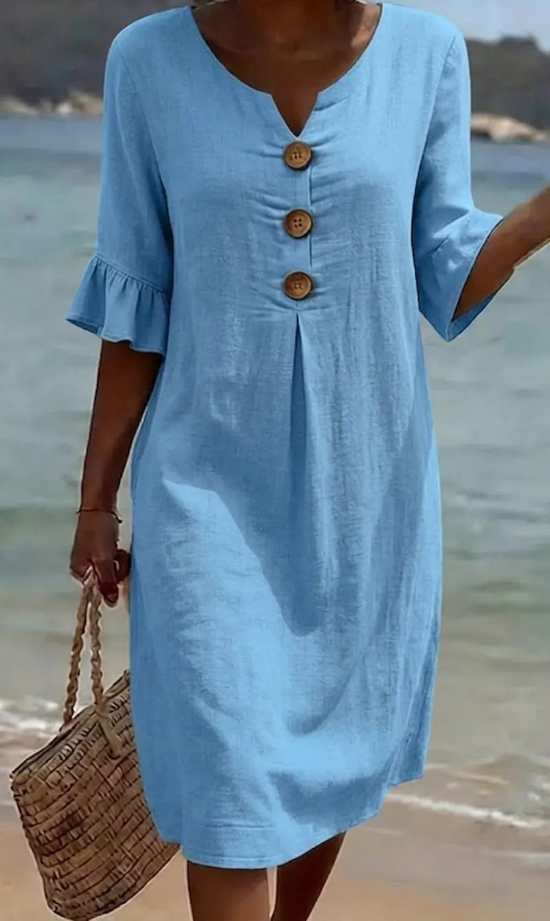 Women's relaxed knee-length button-front dress with split neckline and elbow-length sleeves