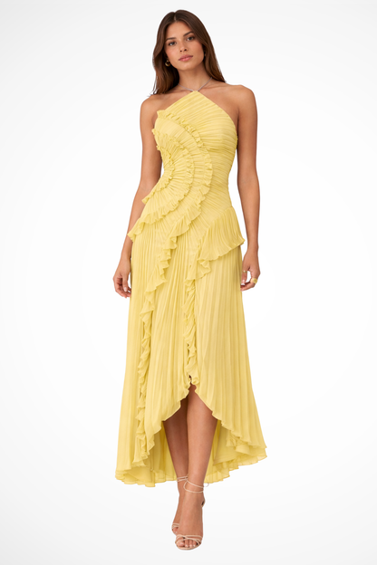 Women's sleeveless halter maxi dress with pleated bodice and layered ruffled high-low hem