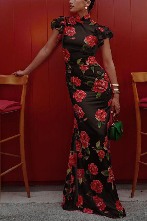 Floral cheongsam-style maxi dress with mandarin collar and layered flare sleeves