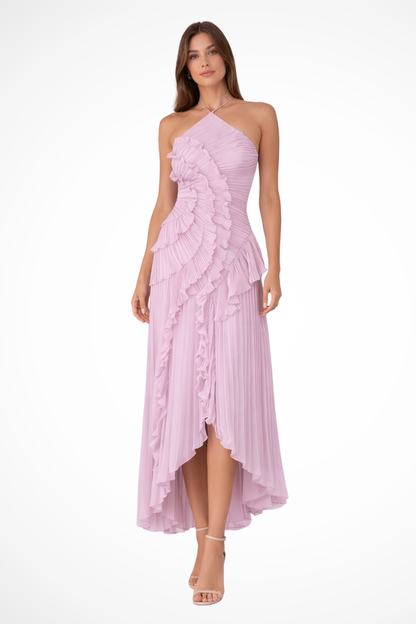 Women's sleeveless halter maxi dress with pleated bodice and layered ruffled high-low hem