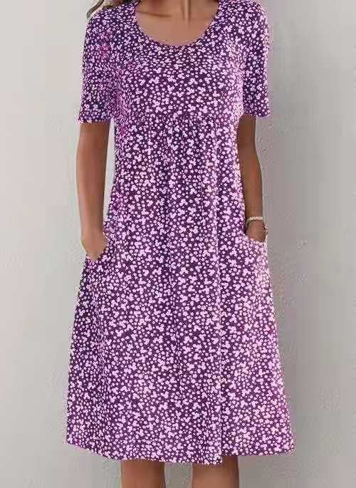 Women's floral midi dress with short sleeves, round neckline and side pockets