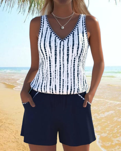 Women's striped V-neck two-piece swimsuit with sleeveless top and shorts