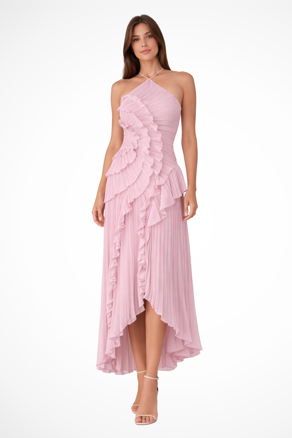 Women's sleeveless halter maxi dress with pleated bodice and layered ruffled high-low hem