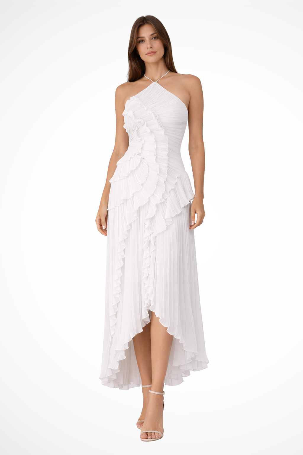 Women's sleeveless halter maxi dress with pleated bodice and layered ruffled high-low hem