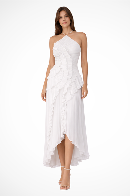 Women's sleeveless halter maxi dress with pleated bodice and layered ruffled high-low hem