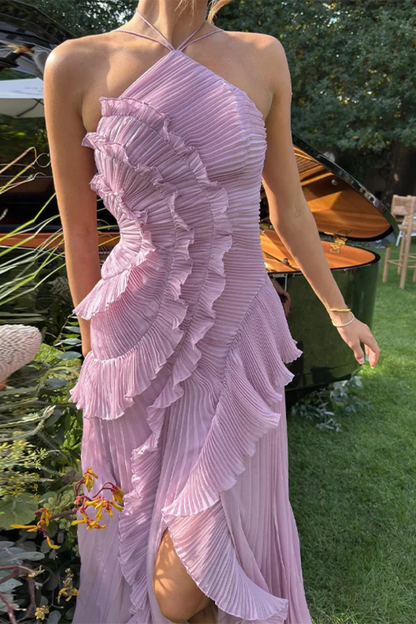 Women's sleeveless halter maxi dress with pleated bodice and layered ruffled high-low hem