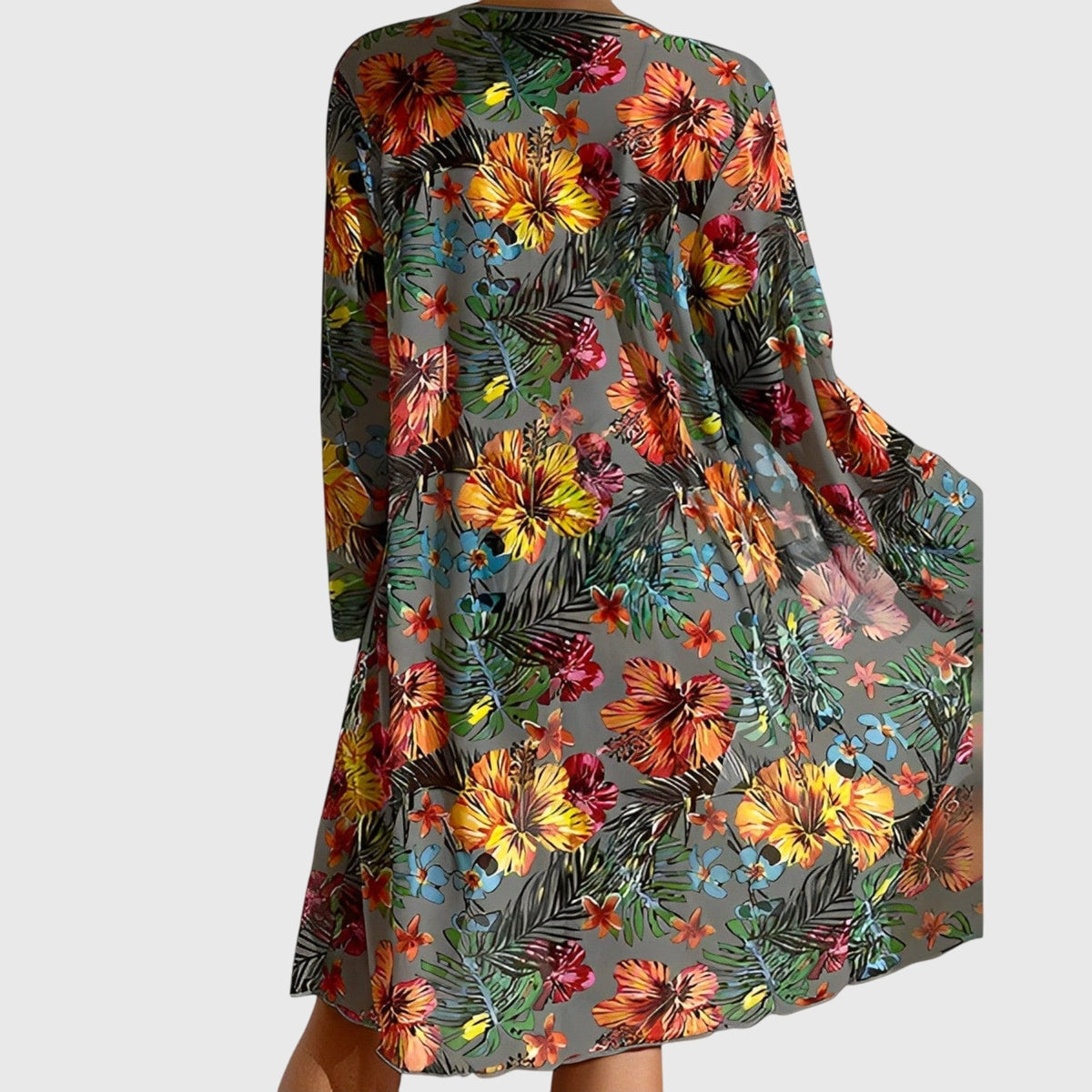 Women's floral bikini set with tie-front top, high-waisted briefs and long-sleeve cover-up
