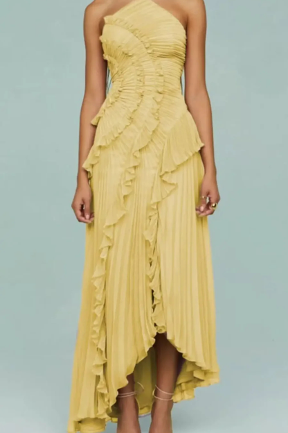 Women's sleeveless halter maxi dress with pleated bodice and layered ruffled high-low hem