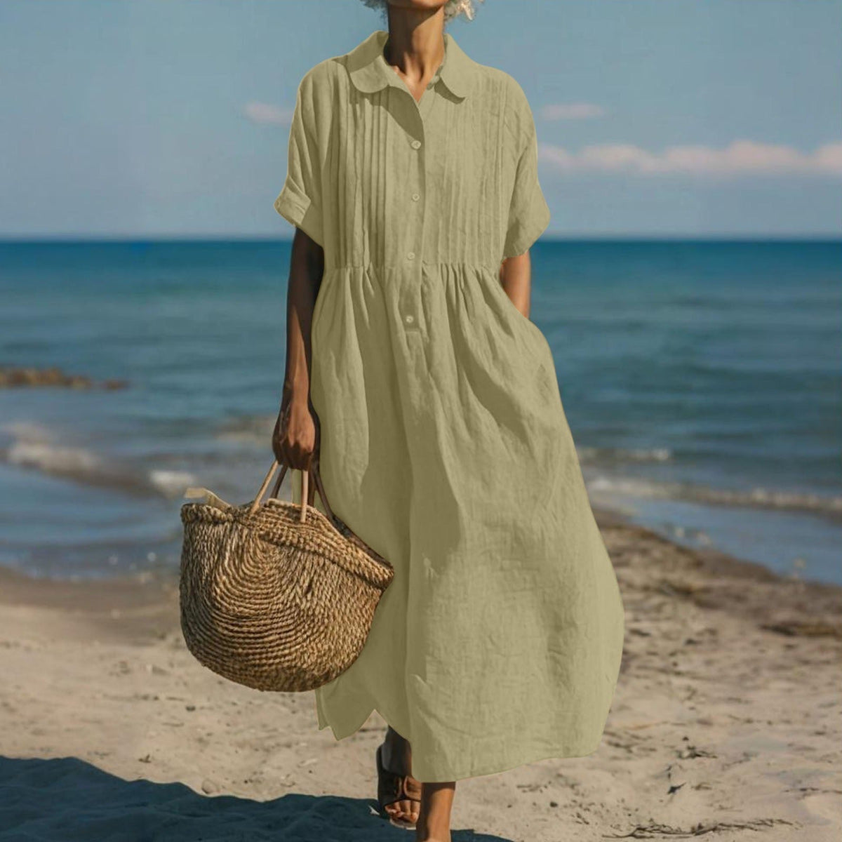 Women's collared button-front midi dress with short sleeves and side pockets