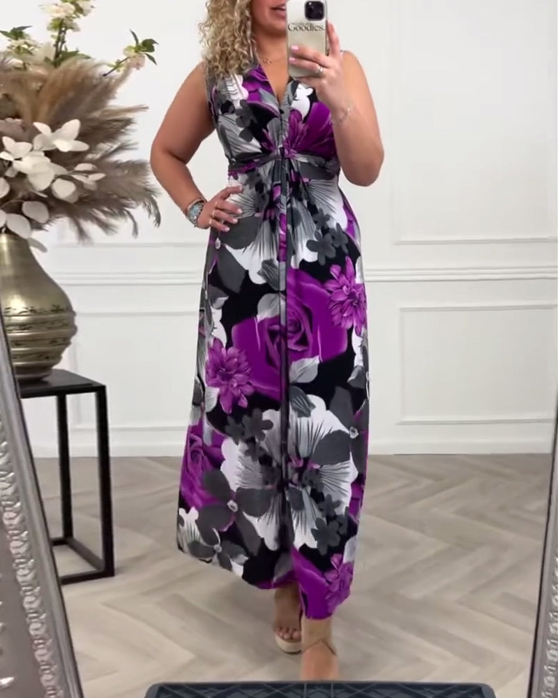 Women's sleeveless floral pleated maxi dress with V-neck and gathered front