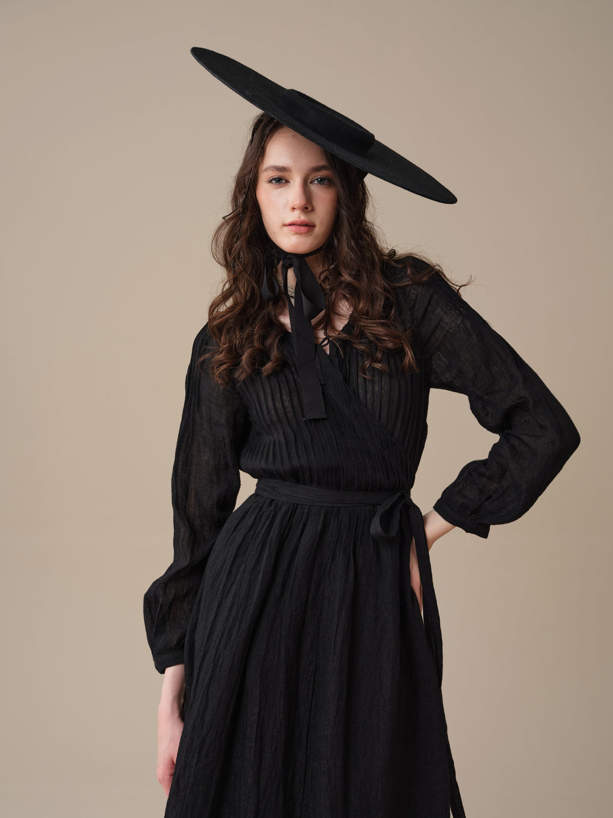 Women's pintuck wrap midi dress with long sleeves and tie waist
