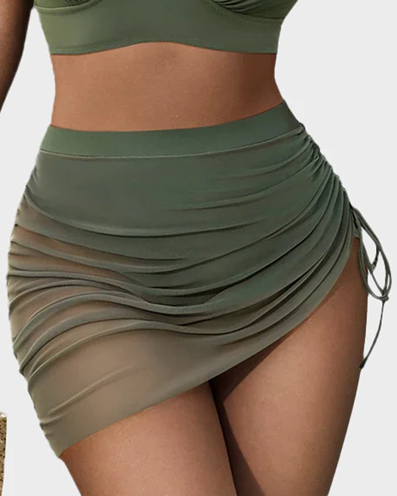 Women's mesh high-waisted bikini set with V-neck top and sheer mesh panels