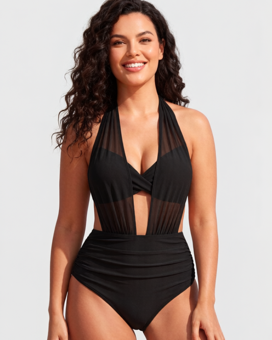 Women's halter bikini set with sheer mesh panels and high-waisted ruched briefs