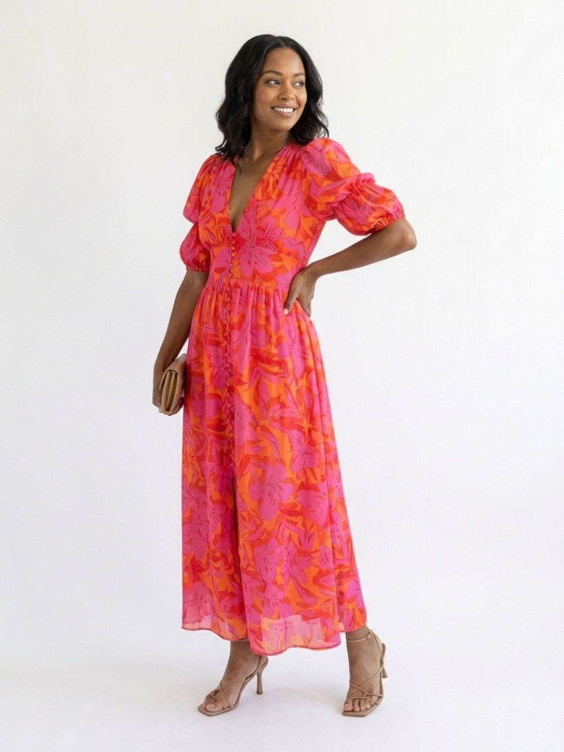 Women's pink floral midi dress with V-neck and short puff sleeves