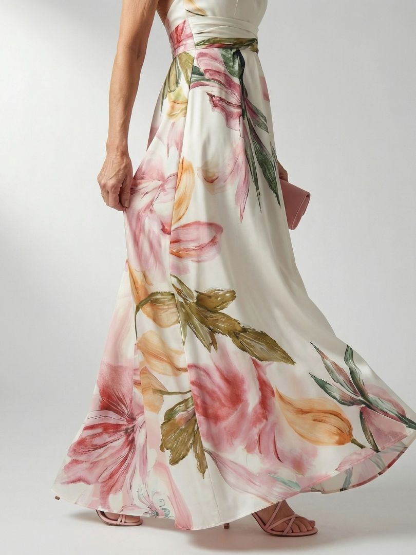 Women's floral halter maxi dress with a flowing full-length skirt