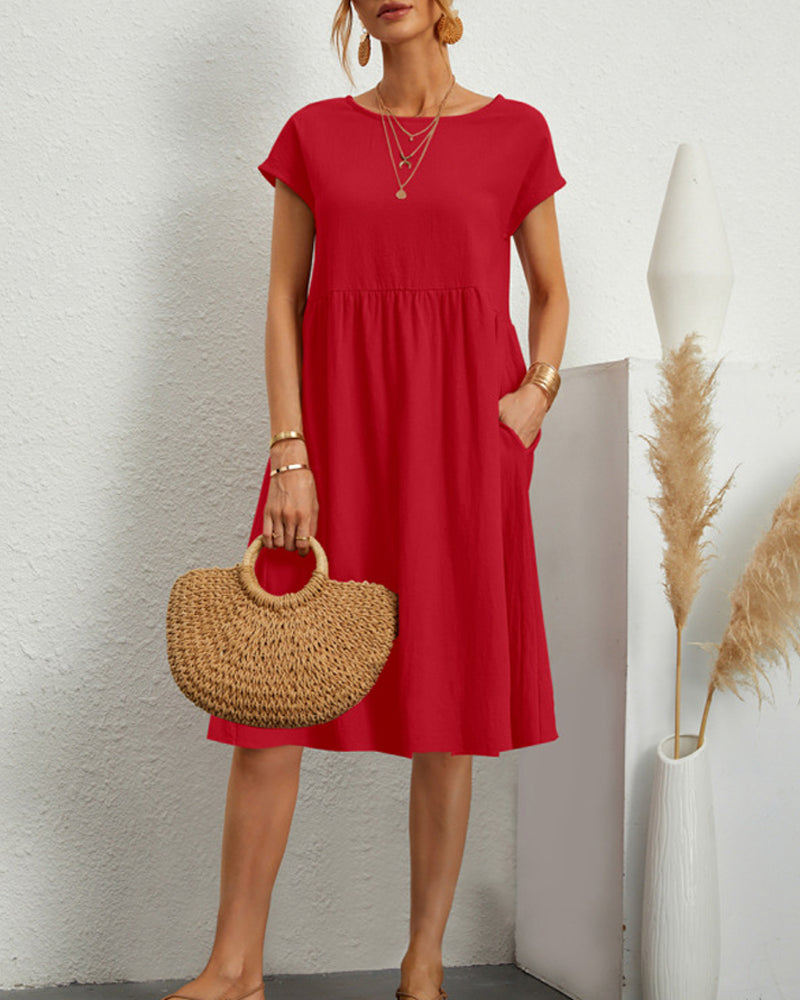 Women's round neck midi dress with short sleeves and gathered skirt