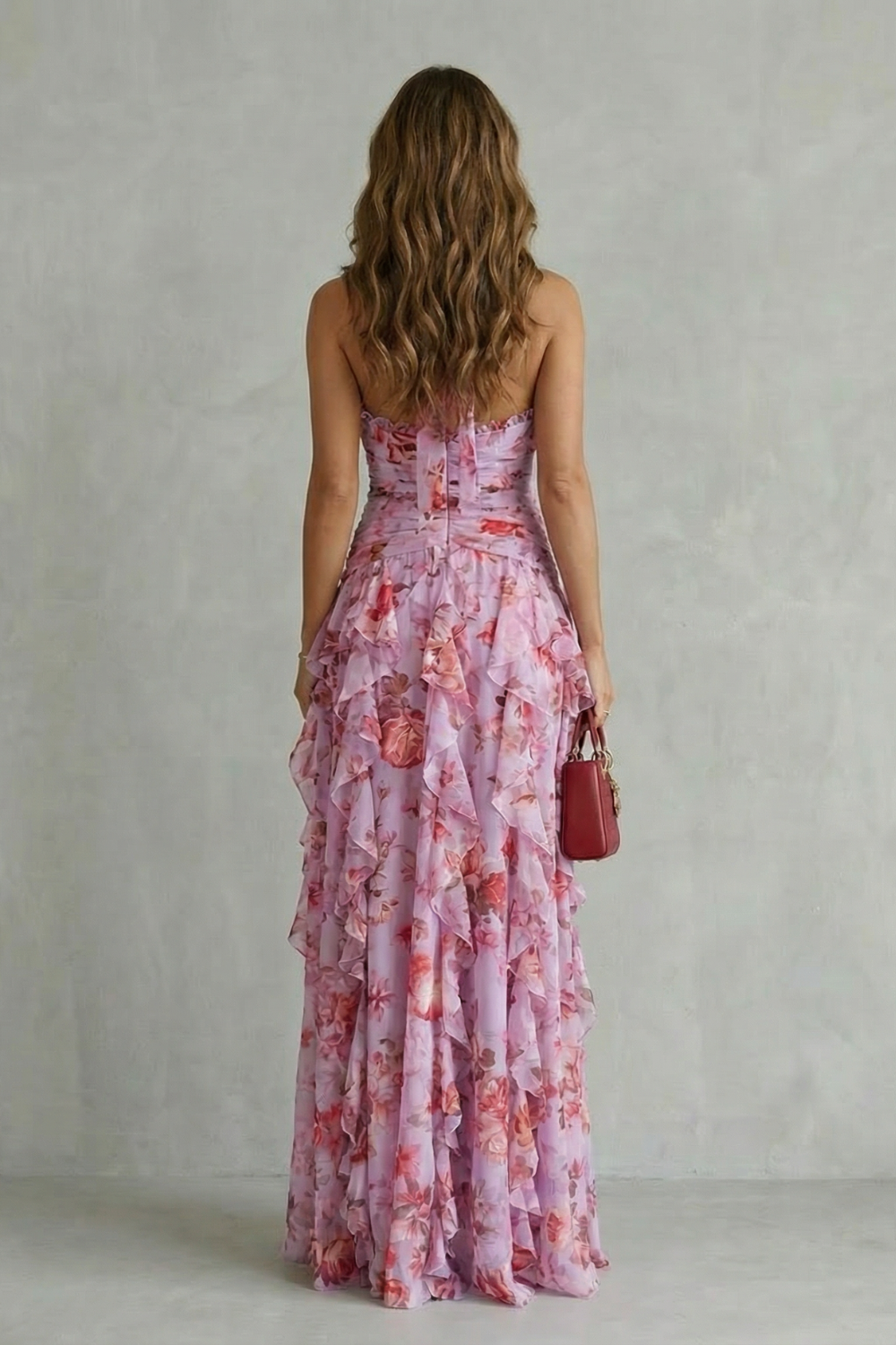 Vestido largo halter de flores de mujer con cintura fruncida y falda de volantes