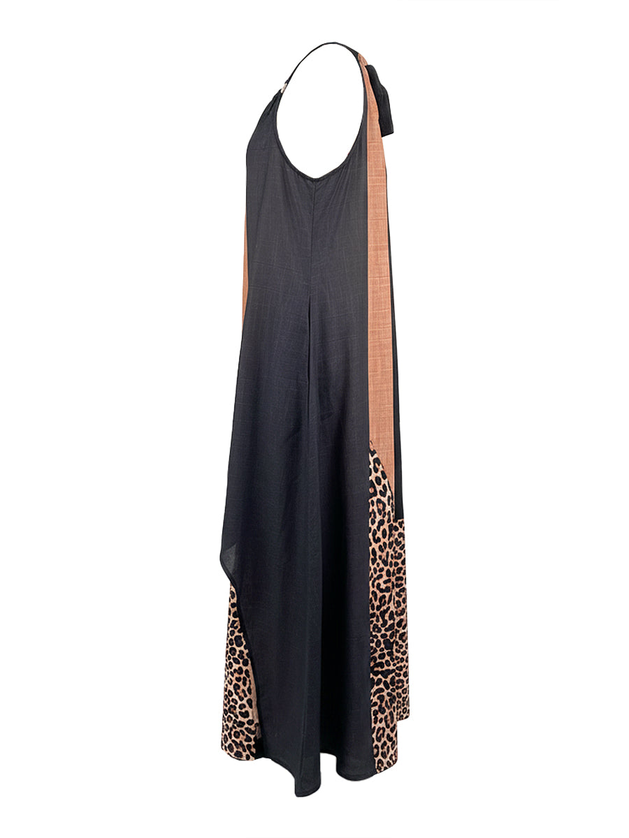Vestido largo con cuello halter y paneles de leopardo de mujer, sin mangas y asimétrico