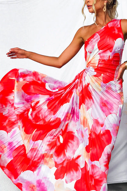 Women's red and pink floral asymmetric sleeveless maxi dress with pleated skirt